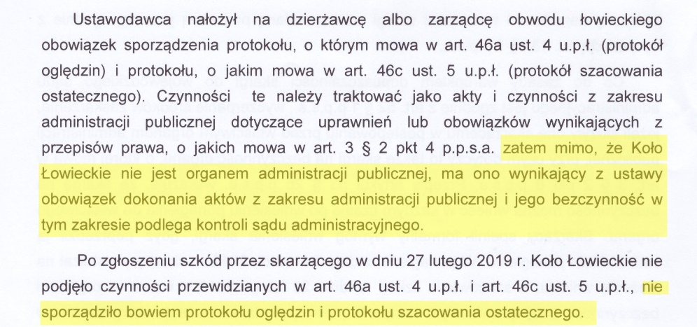 Fragment orzeczenia WSA w sprawie szkód łowieckich.